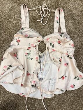 Princess Polly Cream Floral Satin Cutout Halter Cami NWT